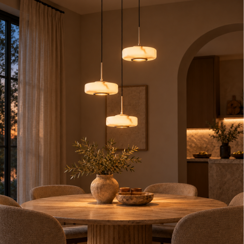 Japandi hanglamp Isabelle 3-lichts getrapt met Alabasterlook glas