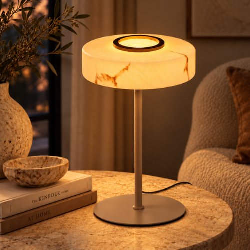 Japandi tafellamp Isabelle 1-lichts zand met Alabasterlook glas