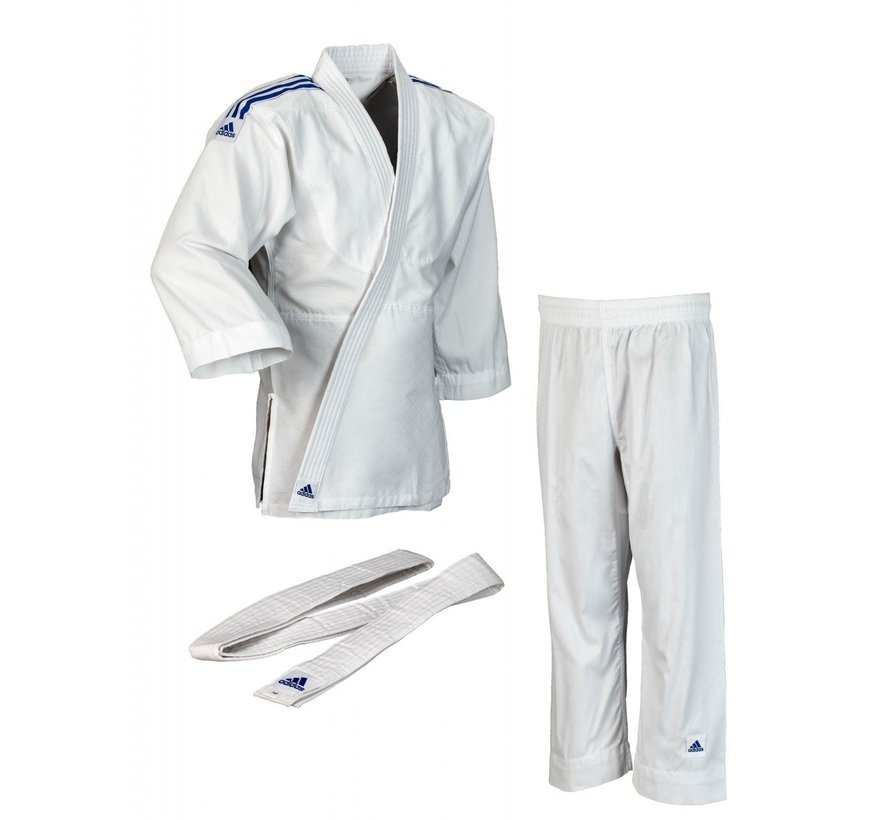 ADIDAS Judo pak "Club" wit, blauw strepen - Maat 140 Cm - OP=OP