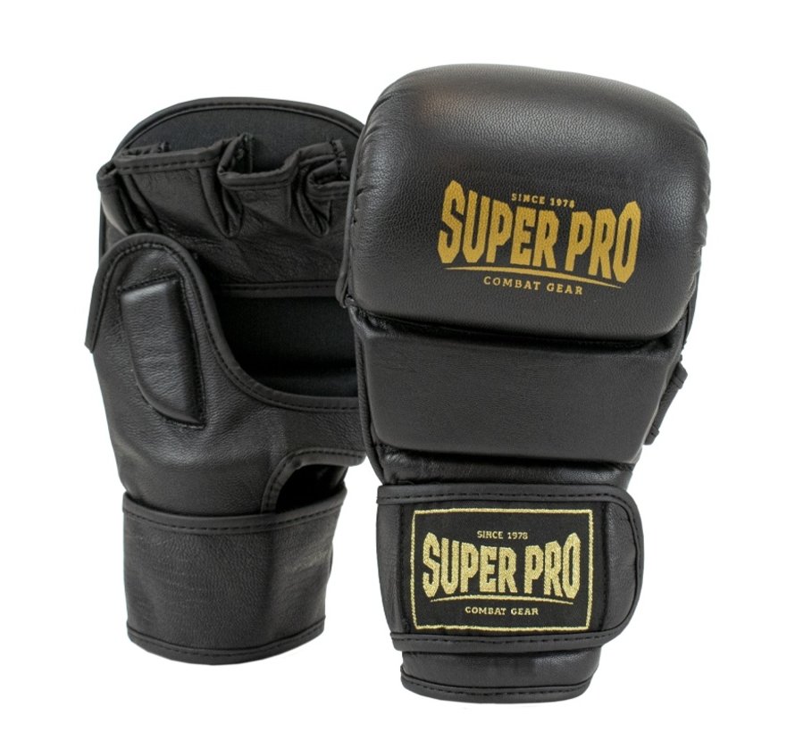 Super Pro Combat Gear MMA Shooter Handschoenen Leder Zwart/Goud