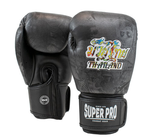 Super Pro Combat Gear Thaibokshandschoenen Leder Pattaya MADE in THAILAND Zwart