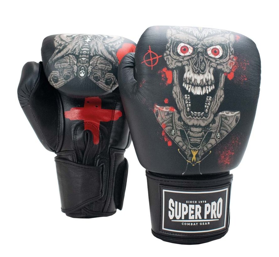 Super Pro Combat Gear (kick)bokshandschoenen Leder Skull, Grijs,Zwart