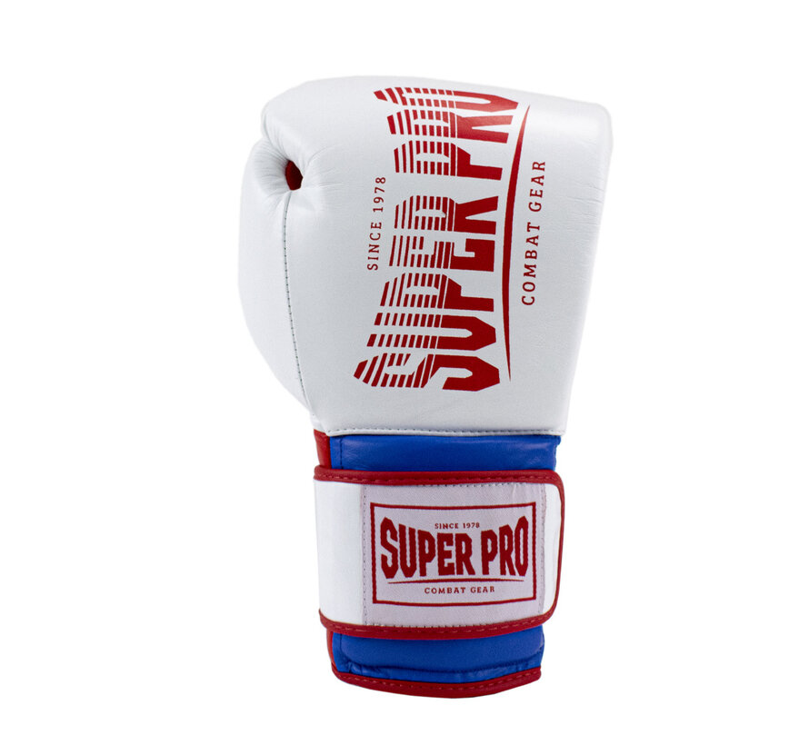 Super Pro Combat Gear Leather Thai Gloves Stripes, Rood,Blauw,Wit
