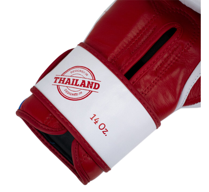 Super Pro Combat Gear Leather Thai Gloves Stripes, Rood,Blauw,Wit
