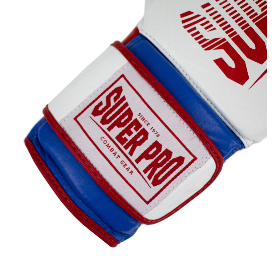 Super Pro Combat Gear Leather Thai Gloves Stripes, Rood,Blauw,Wit