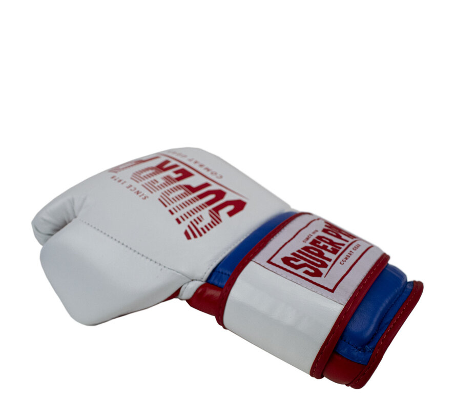 Super Pro Combat Gear Leather Thai Gloves Stripes, Rood,Blauw,Wit