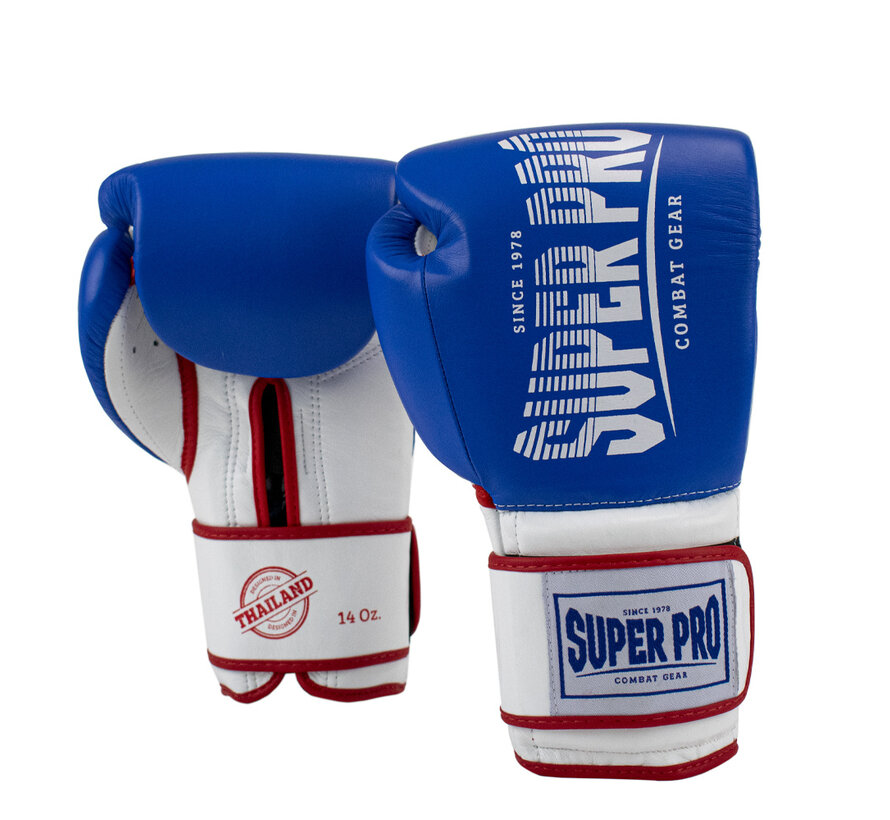 Super Pro Combat Gear Leather Thai Gloves Stripes, Rood,Blauw,Wit