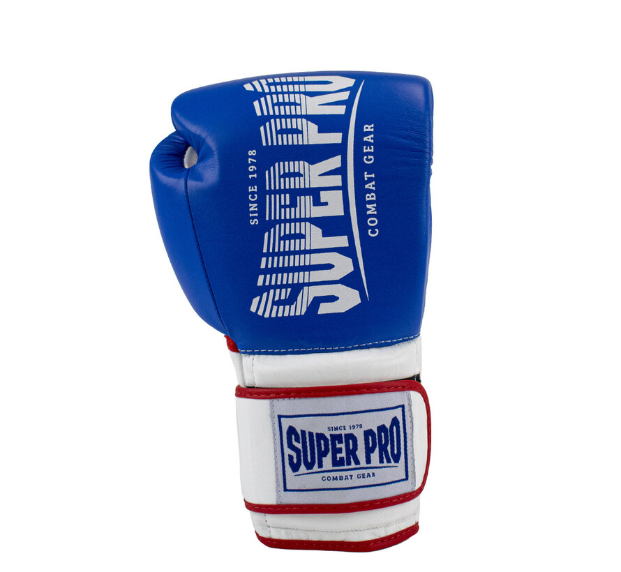 Super Pro Combat Gear Leather Thai Gloves Stripes, Rood,Blauw,Wit