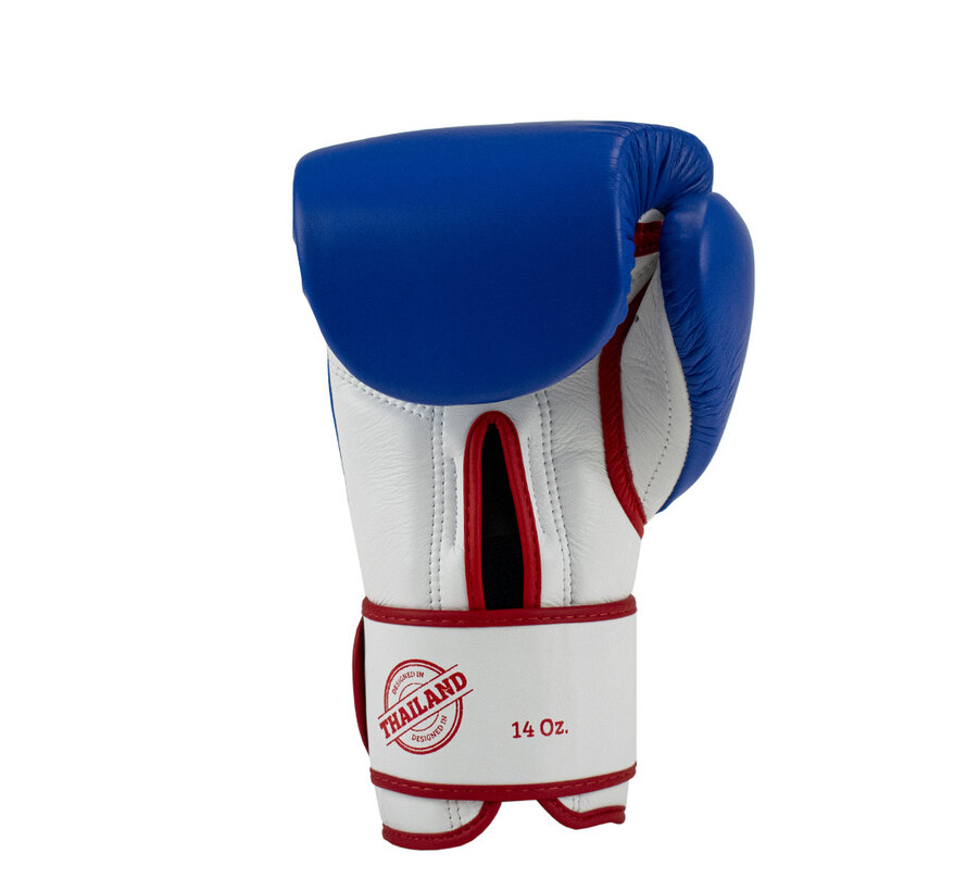 Super Pro Combat Gear Leather Thai Gloves Stripes, Rood,Blauw,Wit