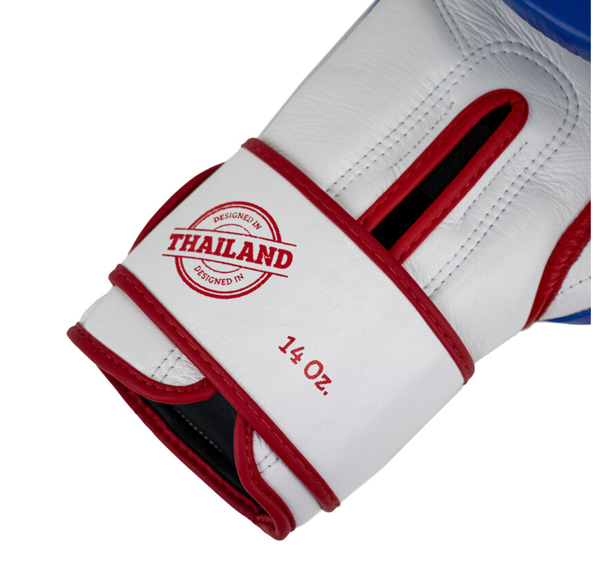 Super Pro Combat Gear Leather Thai Gloves Stripes, Rood,Blauw,Wit