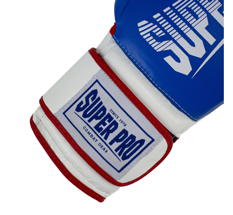 Super Pro Combat Gear Leather Thai Gloves Stripes, Rood,Blauw,Wit