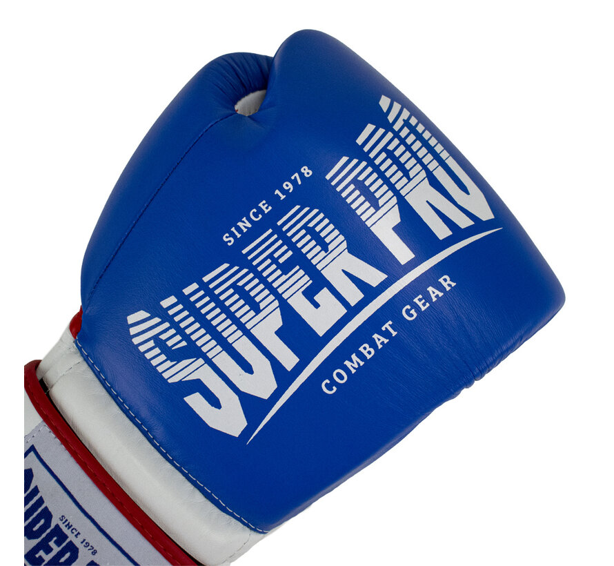 Super Pro Combat Gear Leather Thai Gloves Stripes, Rood,Blauw,Wit