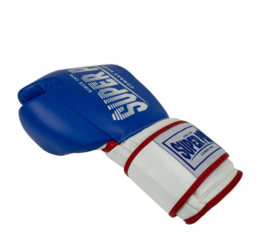 Super Pro Combat Gear Leather Thai Gloves Stripes, Rood,Blauw,Wit