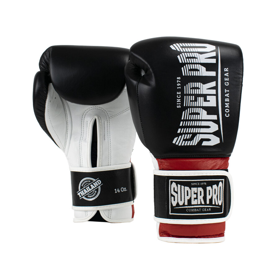 Super Pro Combat Gear Leather Thai Gloves Stripes, Rood,Zwart,Wit