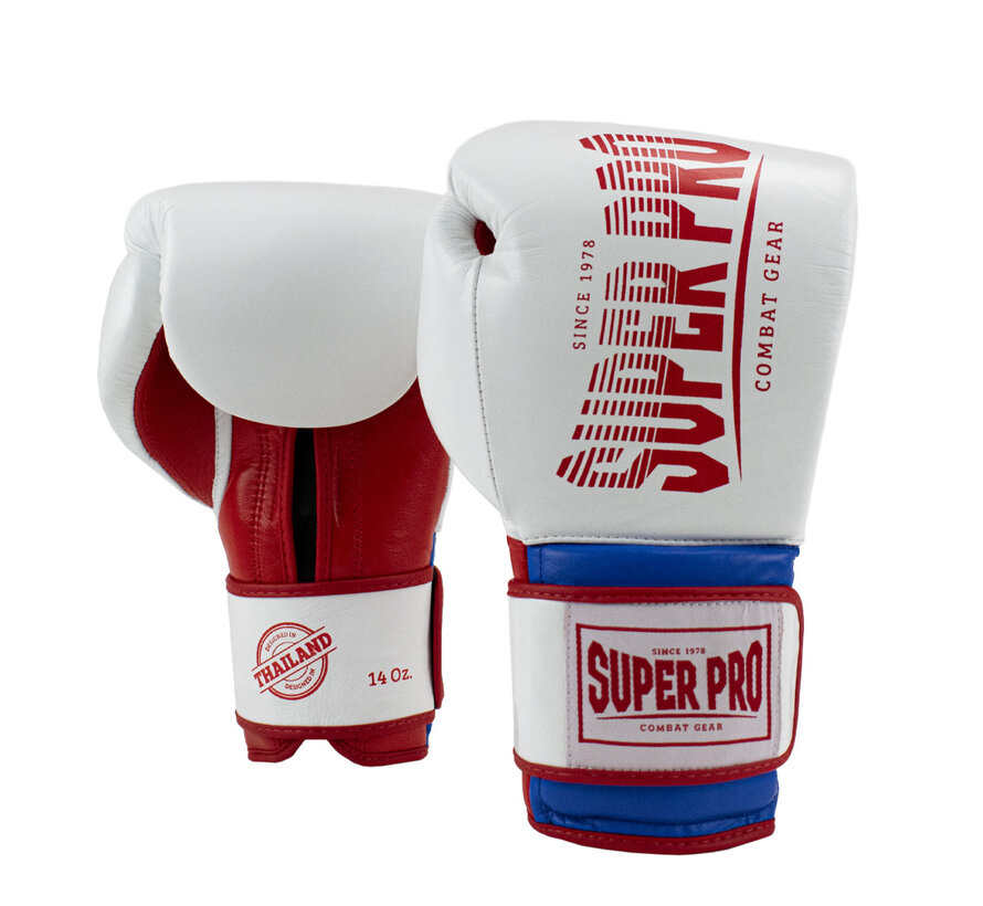 Super Pro Combat Gear Leather Thai Gloves Stripes, Rood,Zwart,Wit