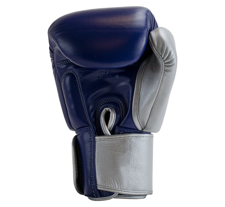 Super Pro Combat Gear Lederen (thai)bokshandschoenen, Blauw,Wit,Zilver