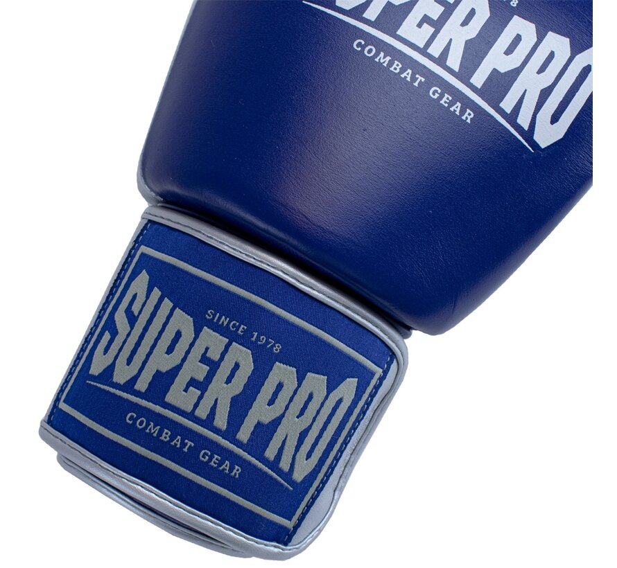 Super Pro Combat Gear Lederen (thai)bokshandschoenen, Blauw,Wit,Zilver