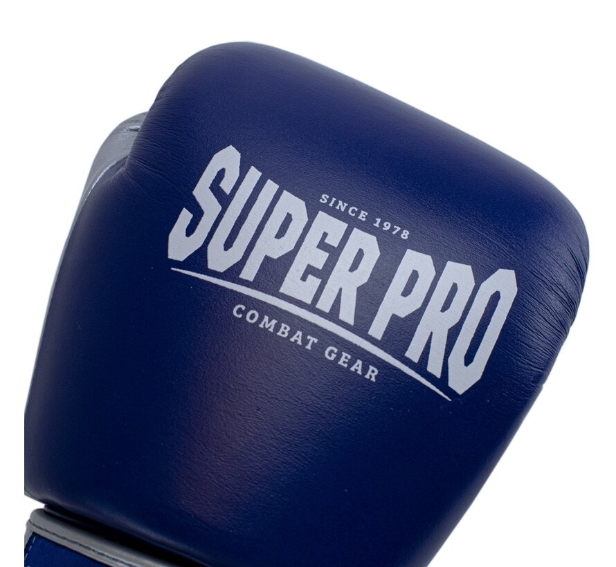 Super Pro Combat Gear Lederen (thai)bokshandschoenen, Blauw,Wit,Zilver