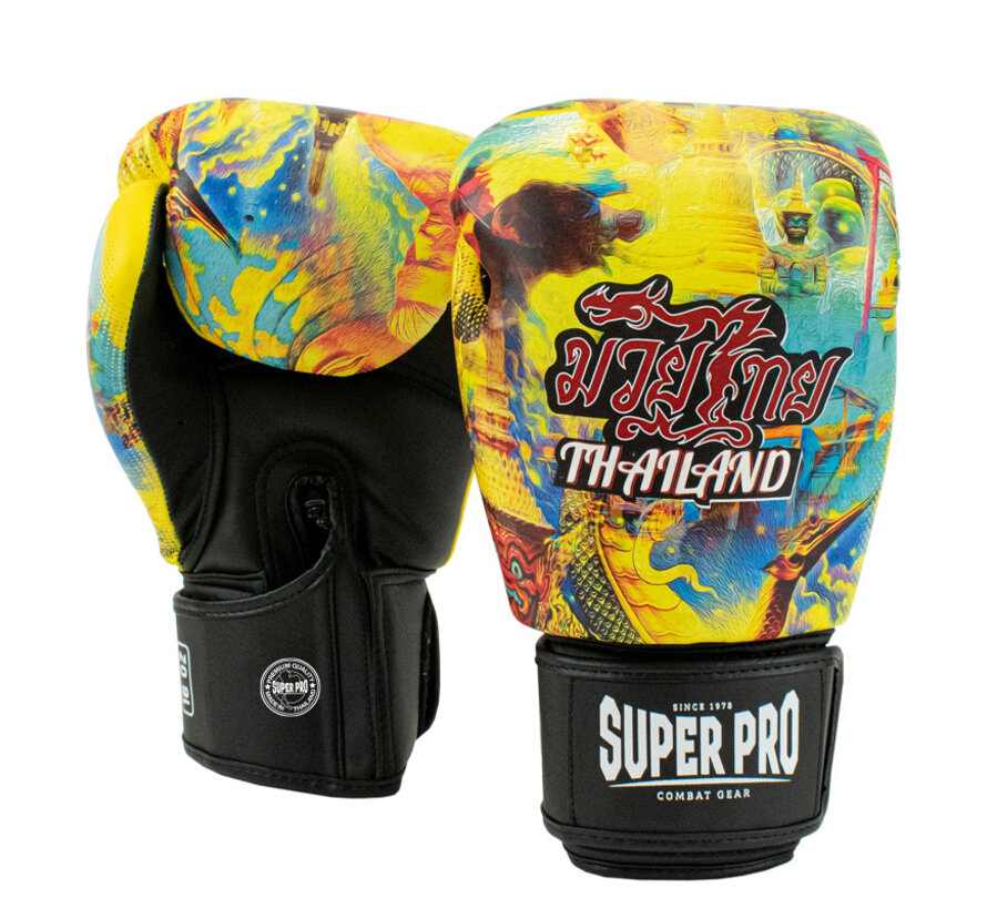 Super Pro Combat Gear Thaibokshandschoenen Leder Pattaya Made In Thailand, Zwart,Geel