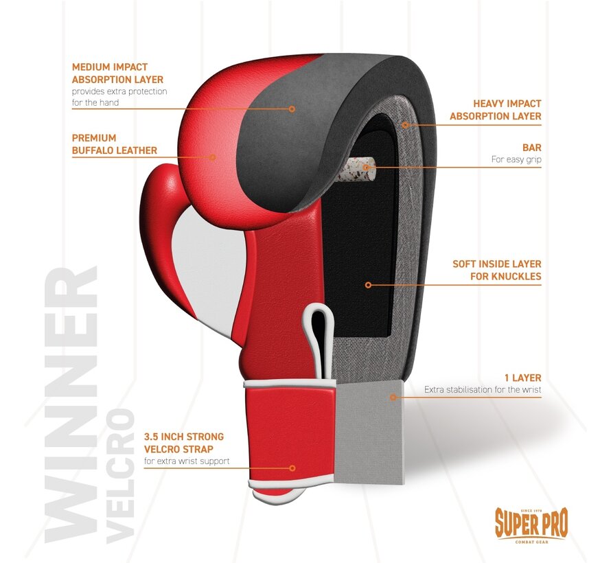 Super Pro Combat Gear Winner Wedstrijdhandschoenen Klittenband 10 oz rood - wit