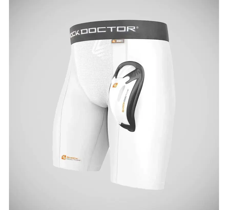 Witte Shock Doctor Core compressieshort met Bioflex-beschermer