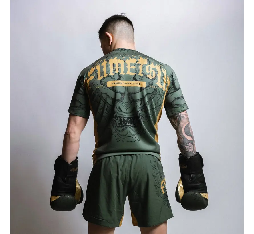 Fumetsu Oni rashguard met korte mouwen, kaki/goud/zwart