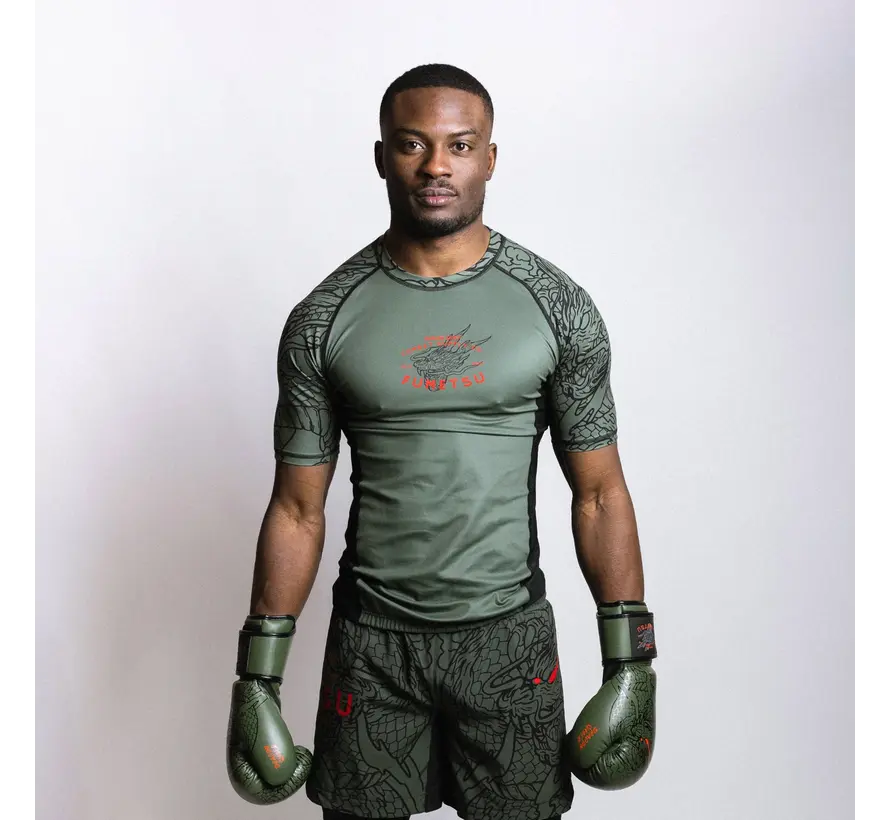 Fumetsu Dragon Slayer rashguard met korte mouwen, kaki/oranje