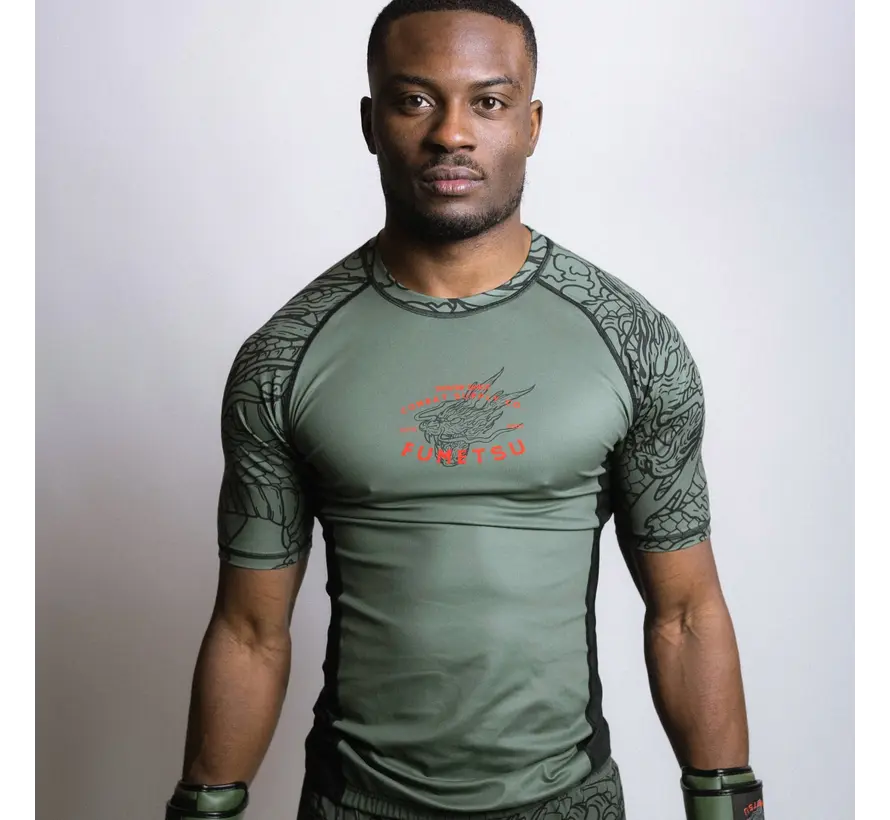 Fumetsu Dragon Slayer rashguard met korte mouwen, kaki/oranje