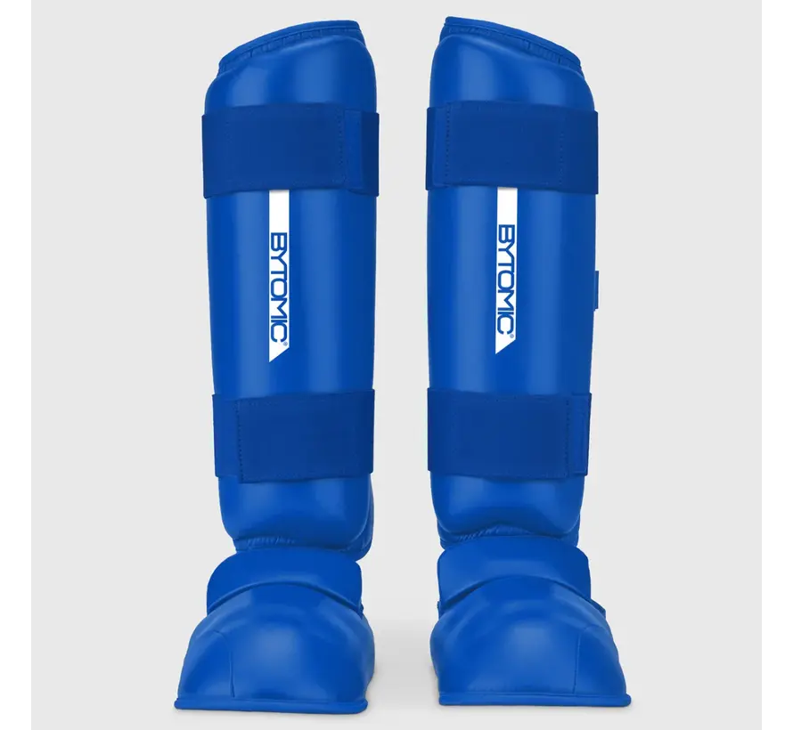 Blauw/witte Bytomic Red Label karate-scheenbeschermer/wreefbeschermer