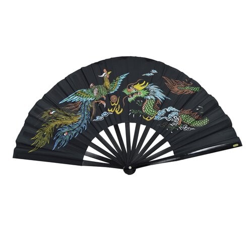 Phoenix Tai Chi-bamboewaaier, zwart, met afbeelding van een draak