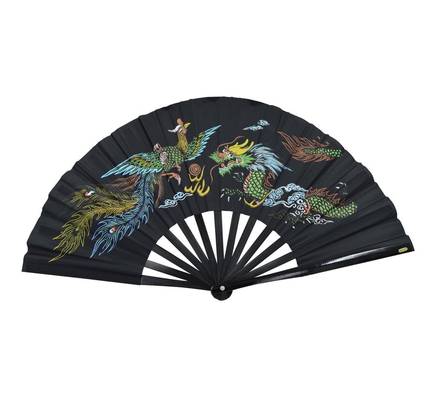 Tai Chi-bamboewaaier, zwart, met afbeelding van een draak