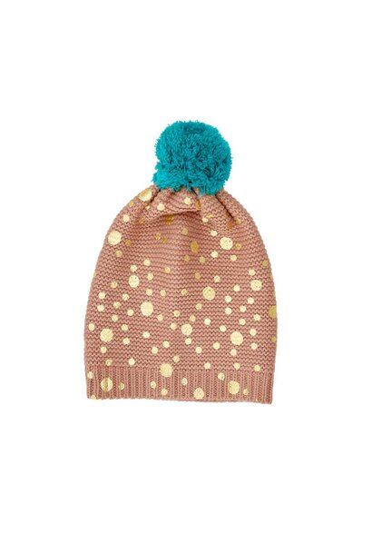 Beanie Nougat Brown - Gold Dots and Big Pom Pom