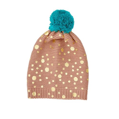 Rice Beanie Nougat Brown - Gold Dots and Big Pom Pom