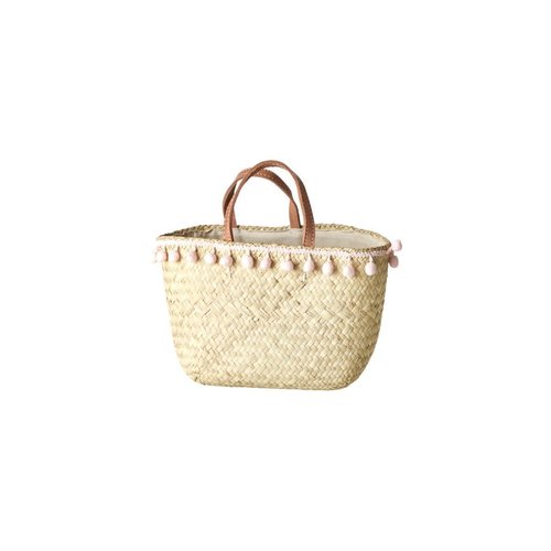 Rice Shopper raffia with light pink Pom Poms S Rice Shopper raffia with light pink Pom Poms S