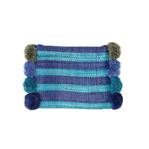 Rice Raffia Clutch Pom Poms blue