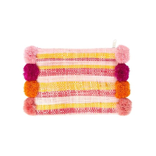 Rice Raffia Clutch Pom Poms pink Rice Raffia Clutch Pom Poms pink