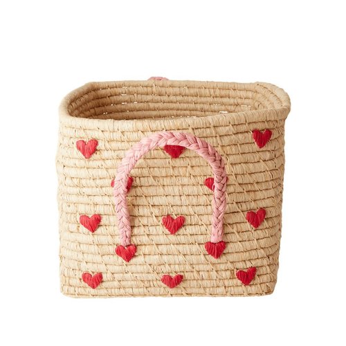 Rice Raffia square basket natural with hearts