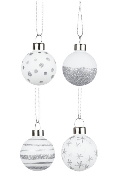 Kerstbal small wit/zilver set/4
