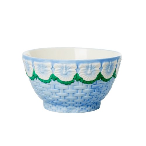 Rice Ceramic bowl Embossed Flower Blue