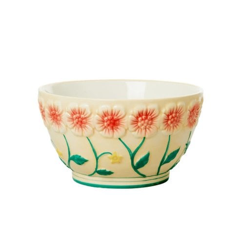 Rice Ceramic bowl Embossed Flower Creme