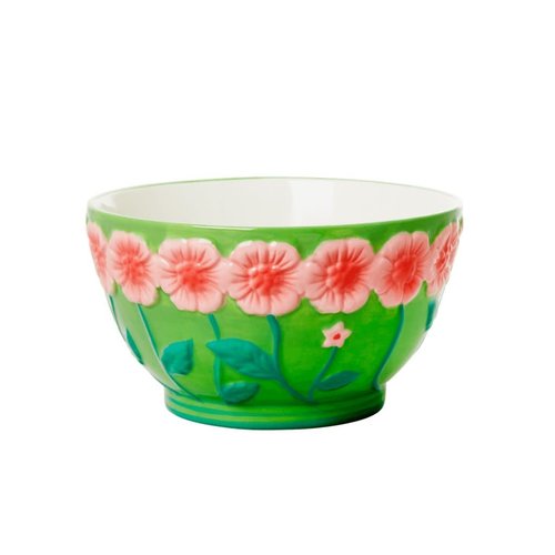 Rice Ceramic bowl Embossed Flower Sage Green