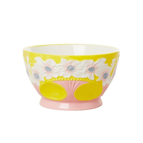 Rice Ceramic bowl Embossed Flower Yellow