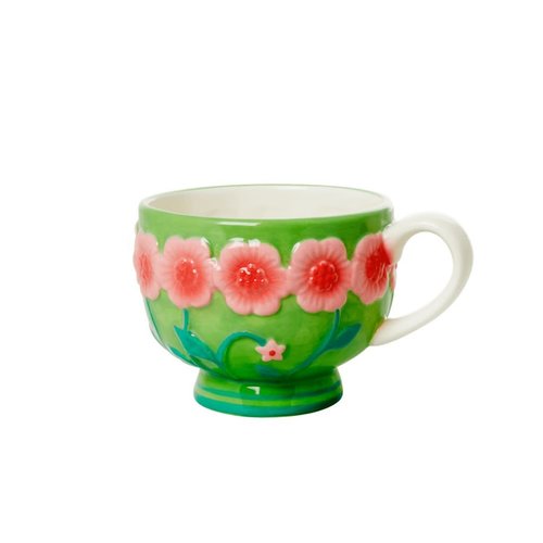 Rice Ceramic mug Embossed Flower Sage Green