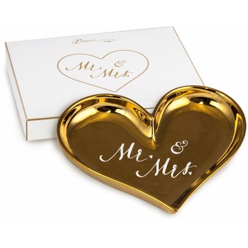 Baci Milano Schaal Heart gold Mr & Mrs 12x15cm