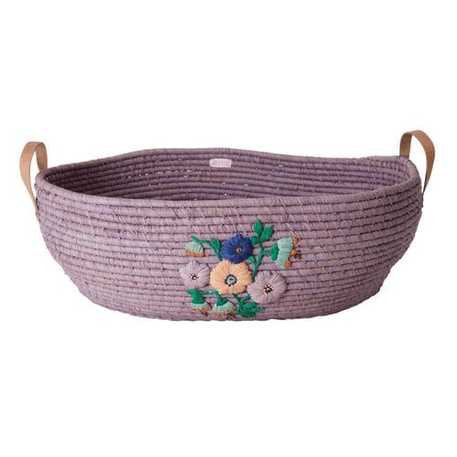 Rice Raffia Big mand ovaal Lavendel Embroidered Flowers XL