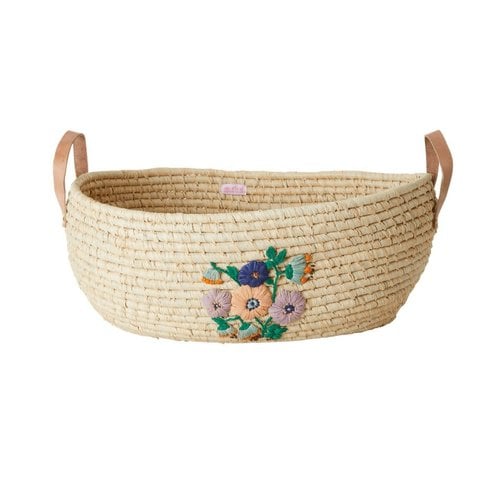 Rice Raffia Big mand ovaal Naturel Embroidered Flowers large