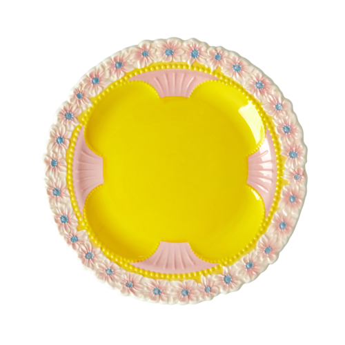 Rice Ceramic lunch plate Embossed Flower Yellow