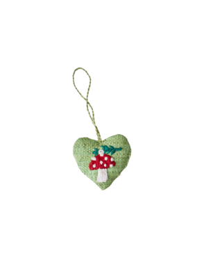 Rice Kerst hanger raffia Heart - Mushroom Embroidery Green