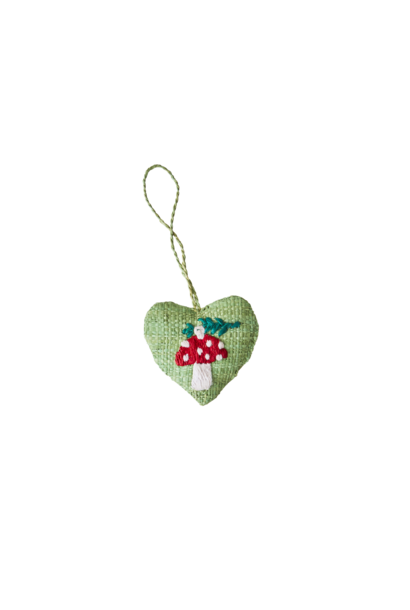 Kerst hanger raffia Heart - Mushroom Embroidery Green
