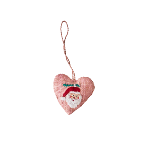 Rice Kerst hanger raffia Heart - Santa Embroidery Pink